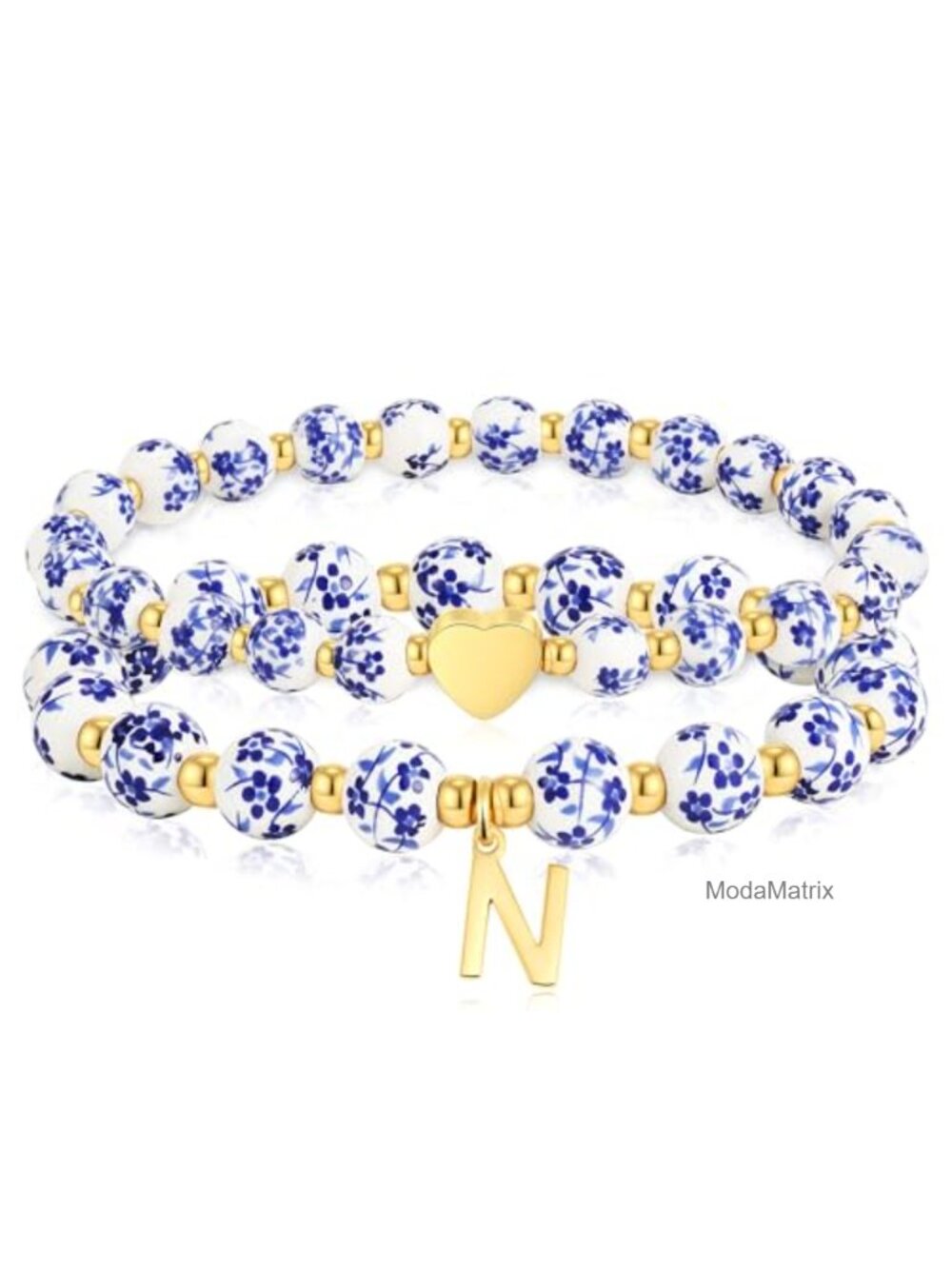 2PCS Vintage Heart Initial Bracelet for Women Girls, Gold Plated Beaded Stretch
